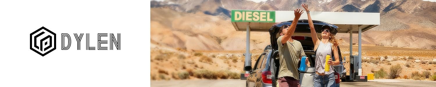 DYLEN logo beside two friends with water bottles at a desert fuel stop